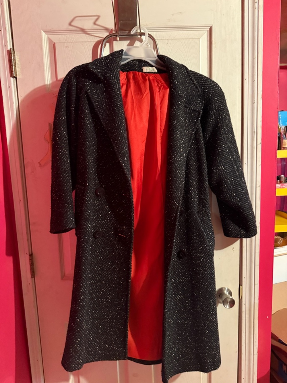 Black speckled Tweed Pea Coat with Red Lining